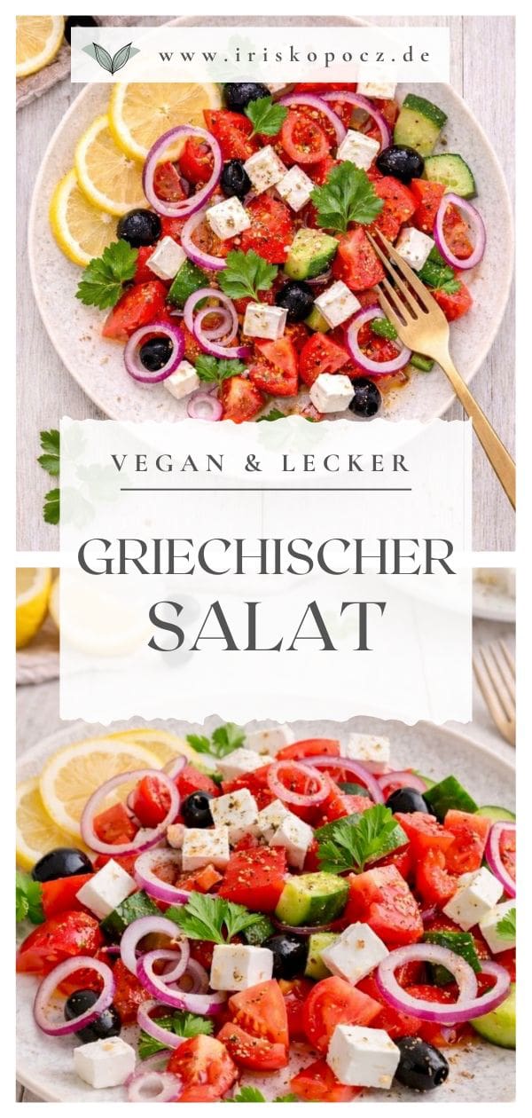 Griechischer Salat mit veganem Feta auf einem Teller-Pin.