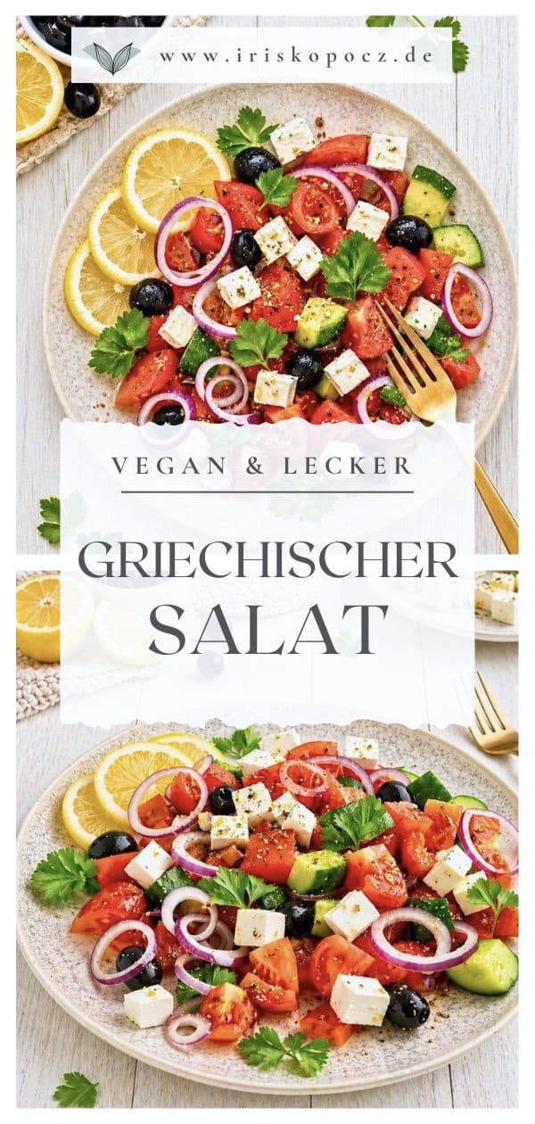 Griechischer Salat mit veganem Feta auf einem Teller-Pin.
