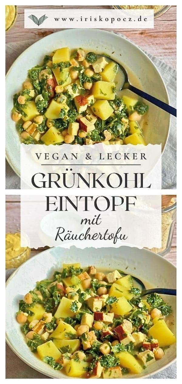 Veganer Kartoffel-Grünkohl-Eintopf mit Räuchertofu und Kichererbsen in einem Suppenteller-Pin.