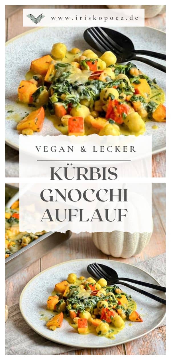 Veganer Kürbis-Gnocchi-Auflauf mit Käse überbacken auf einem Teller neben einer Auflaufform-Pin