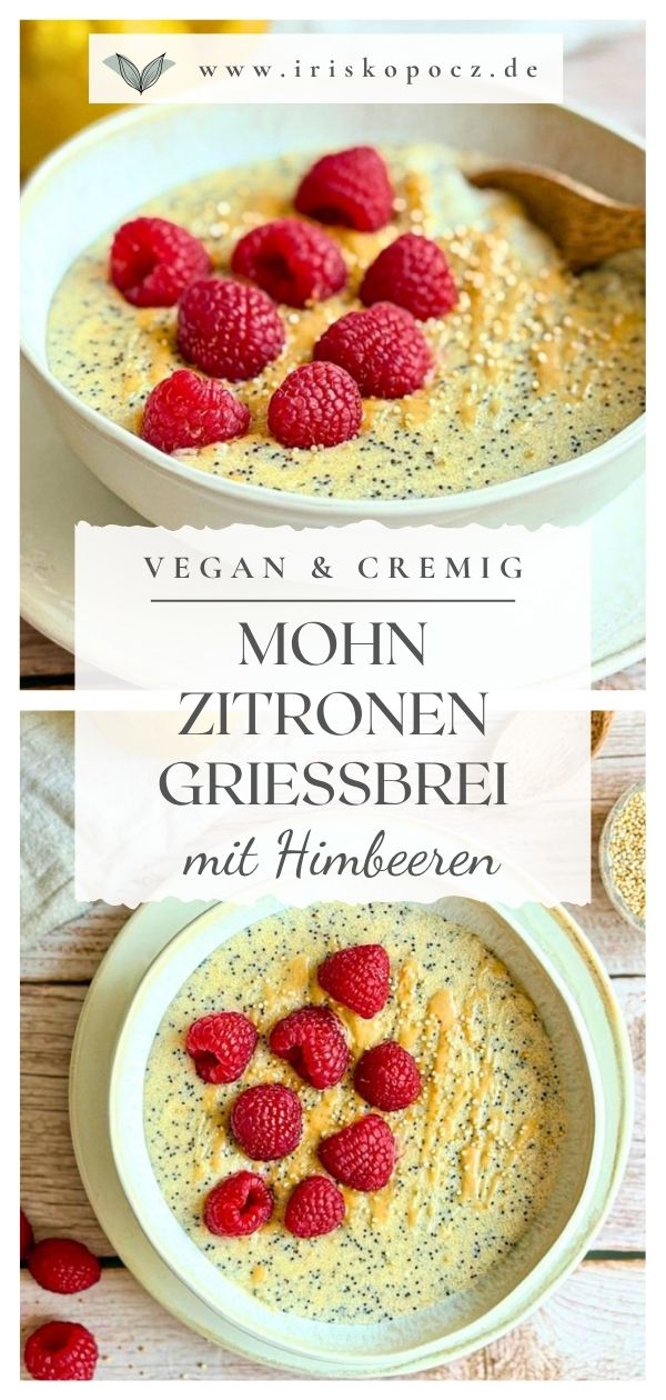 Schüssel mit veganem Grießbrei, Zitronenschale und frischen Himbeeren-Pin.