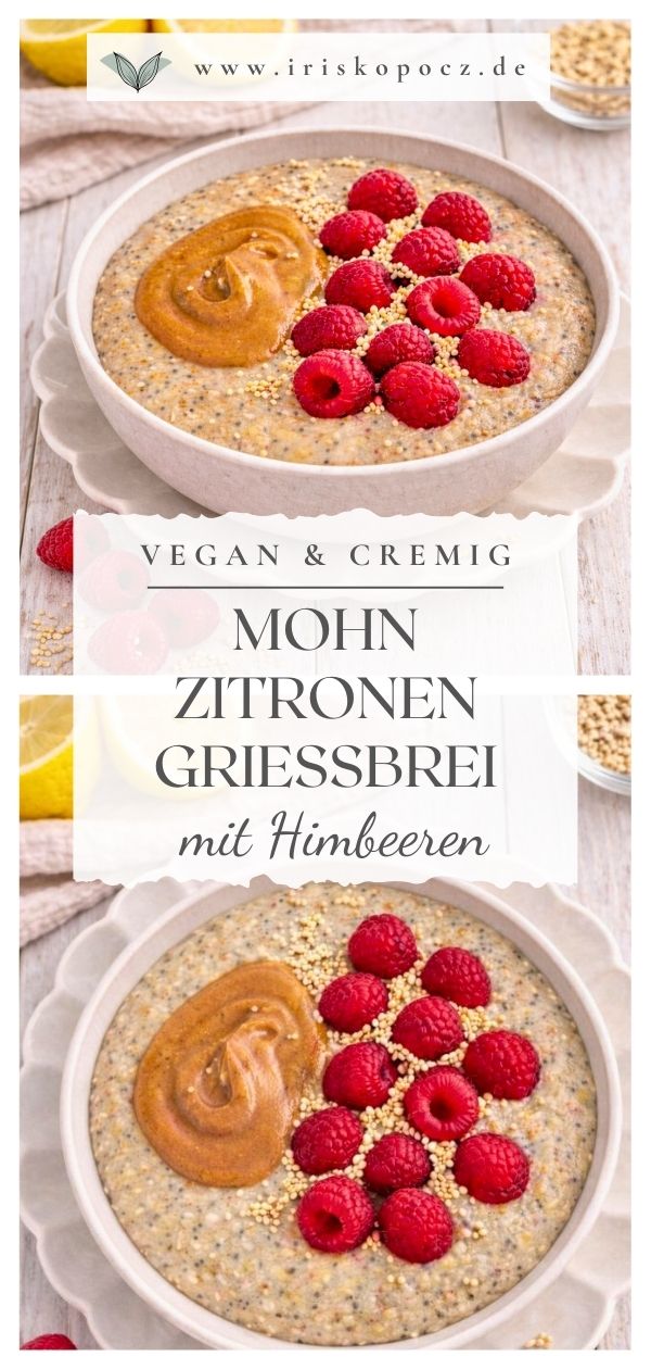 Schüssel mit veganem Grießbrei, Zitronenschale und frischen Himbeeren-Pin.