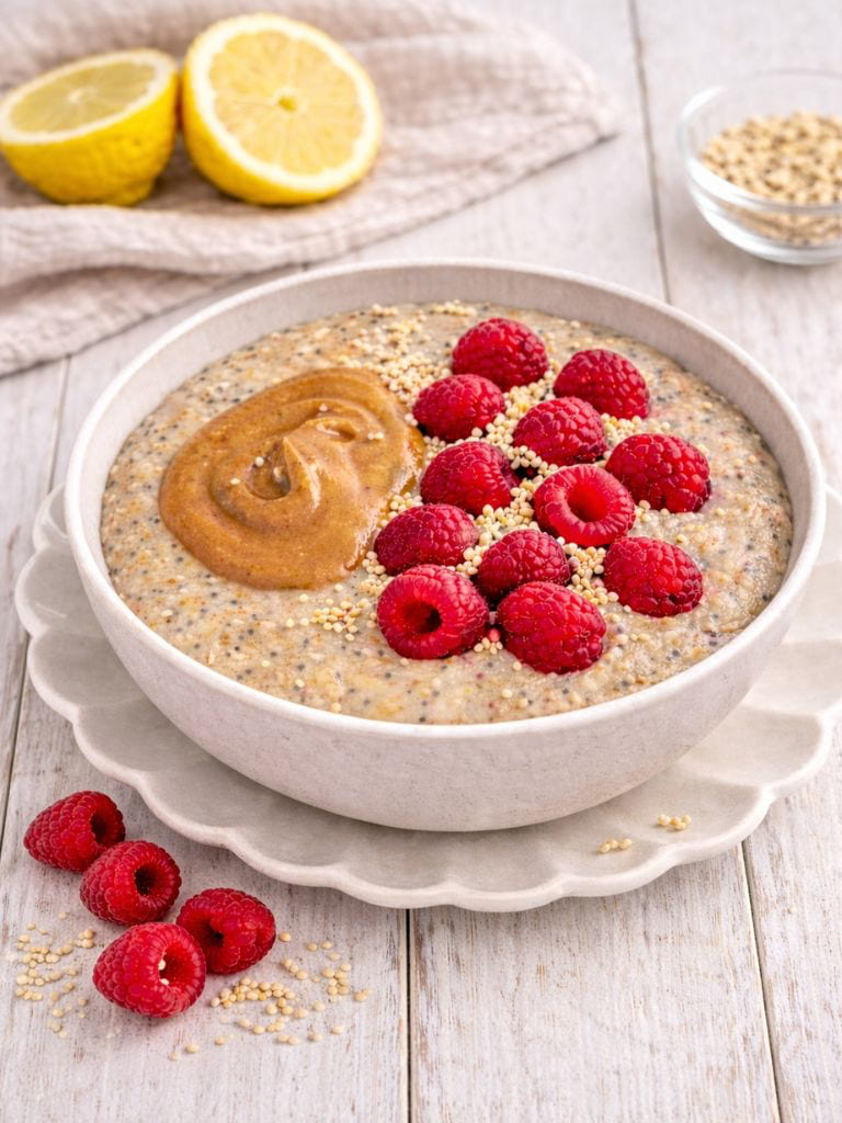 Cremiger Zitronen-Grießbrei mit Himbeeren und gepufftem Amaranth.
