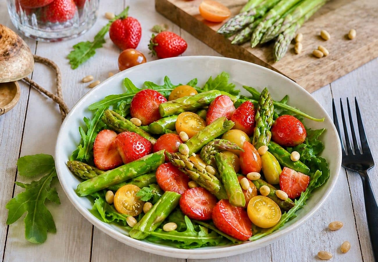 Veganer Spargelsalat mit Erdbeeren, Pinienkerne & Rucola auf einem Teller.