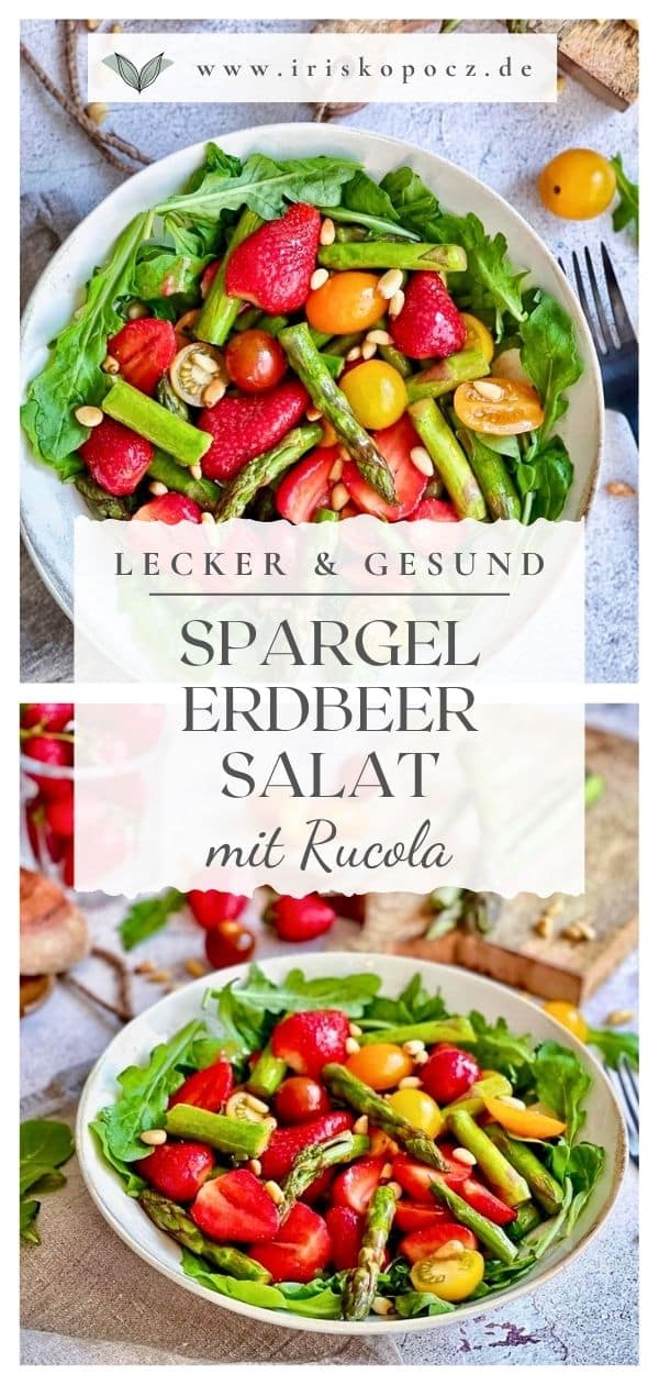 Veganer Spargelsalat mit Erdbeeren und Rucola auf einem Teller-Pin.