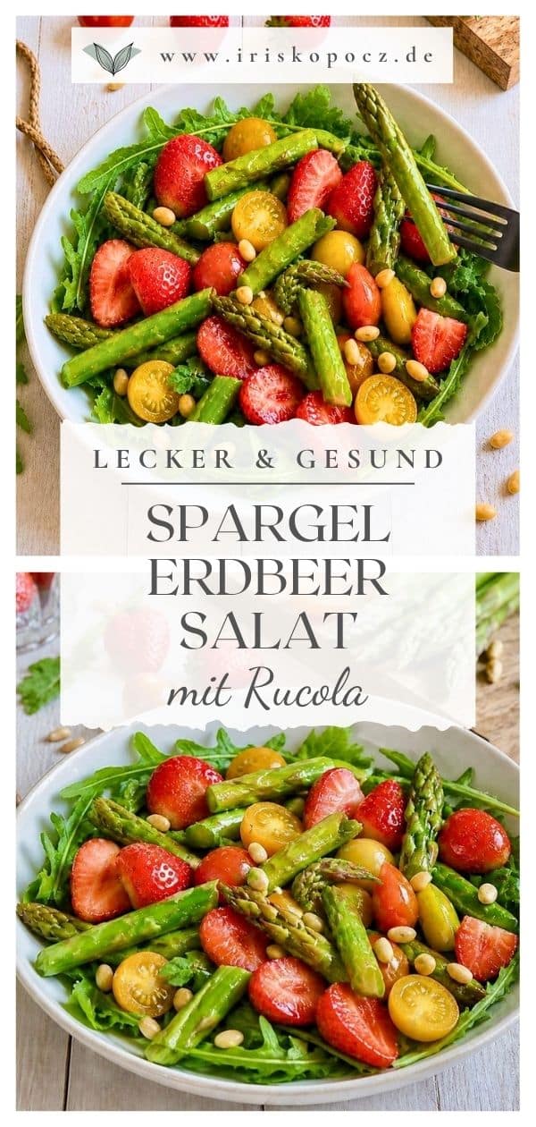 Veganer Spargelsalat mit Erdbeeren und Rucola auf einem Teller-Pin.
