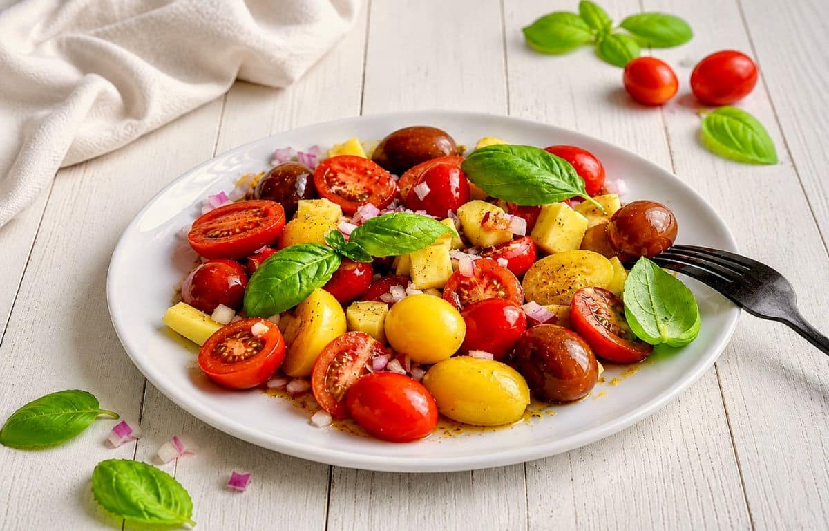 Veganer Tomaten-Mango-Salat mit Zwiebeln und Basilikum auf einem Teller.