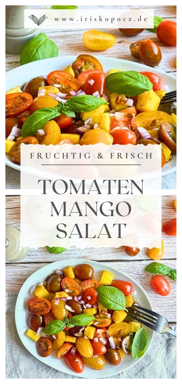 Veganer Tomaten-Mango-Salat mit Zwiebeln und Basilikum auf einem Teller-Pin.