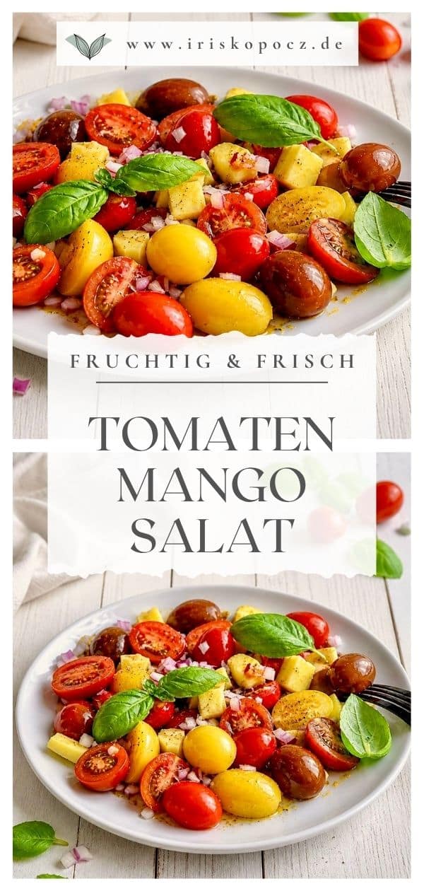 Veganer Tomaten-Mango-Salat mit Zwiebeln und Basilikum auf einem Teller-Pin.